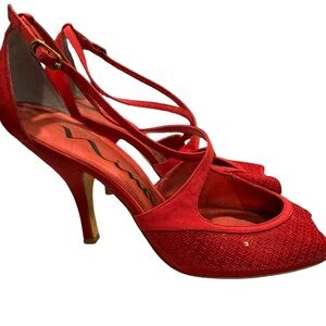 Nina Women's Strappy Red Heels with sparkling toe